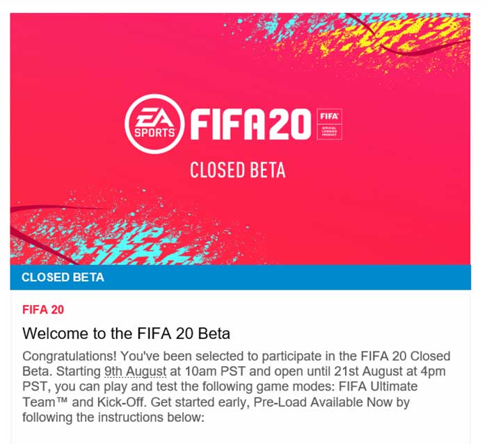 FIFA 20 Closed Beta Email