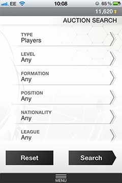 FUT 13 iPhone App - Search Menu