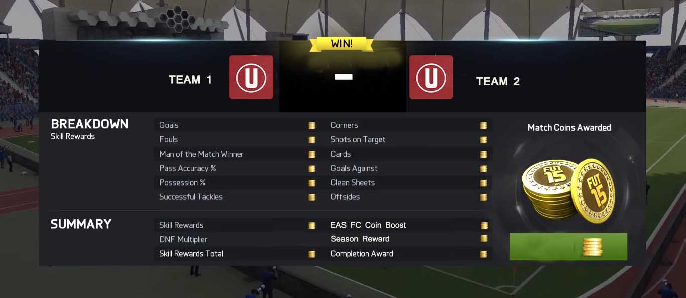 Moedas Ganhas nos Jogos em FIFA 15 Ultimate Team
