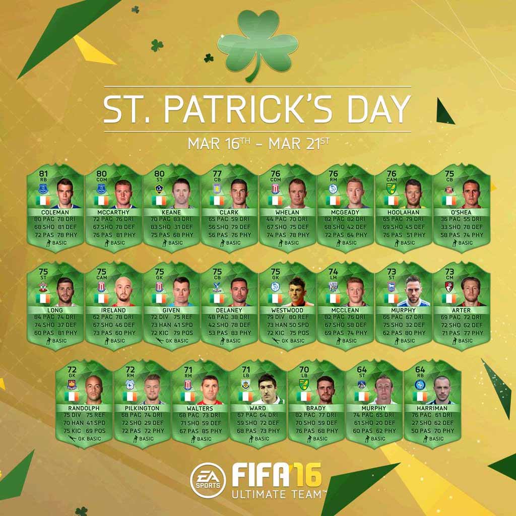 St. Patrick's Day Green Cards of FIFA 16 Ultimate Team